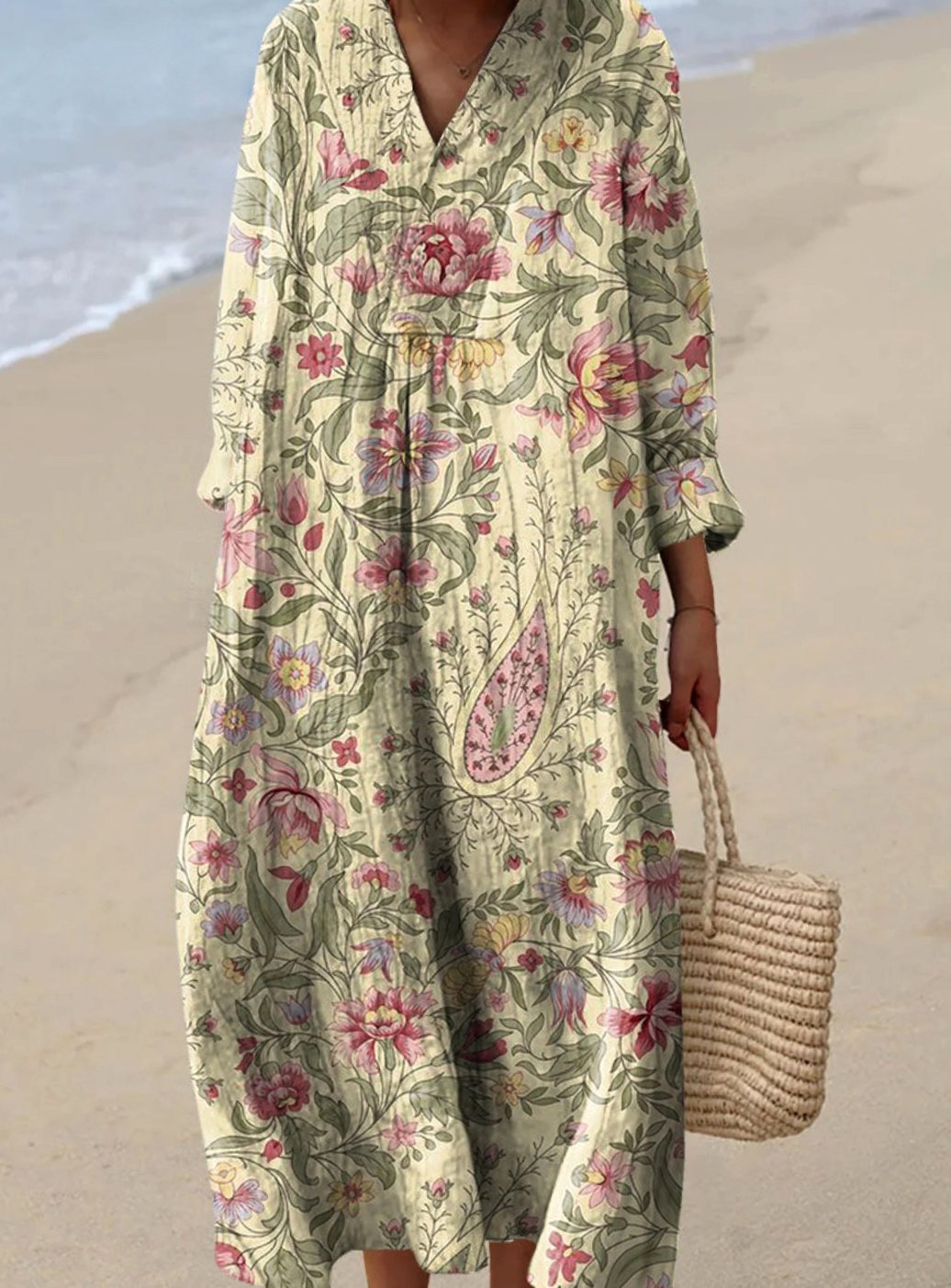 Women's Vintage Floral Maxi Dress Long-Sleeve V-Neck Art Print - Khaki
