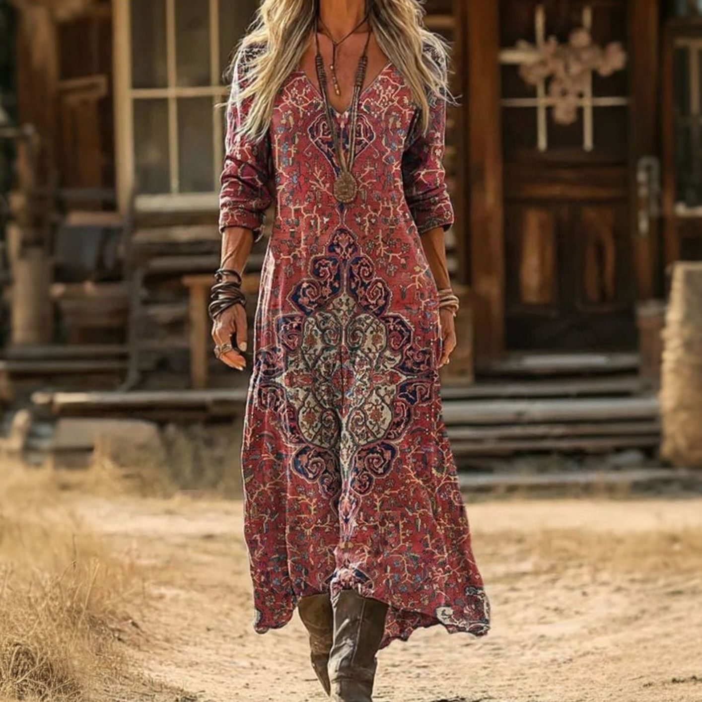 Women's Vintage Mandala Print Long Sleeve Boho Dress - Red