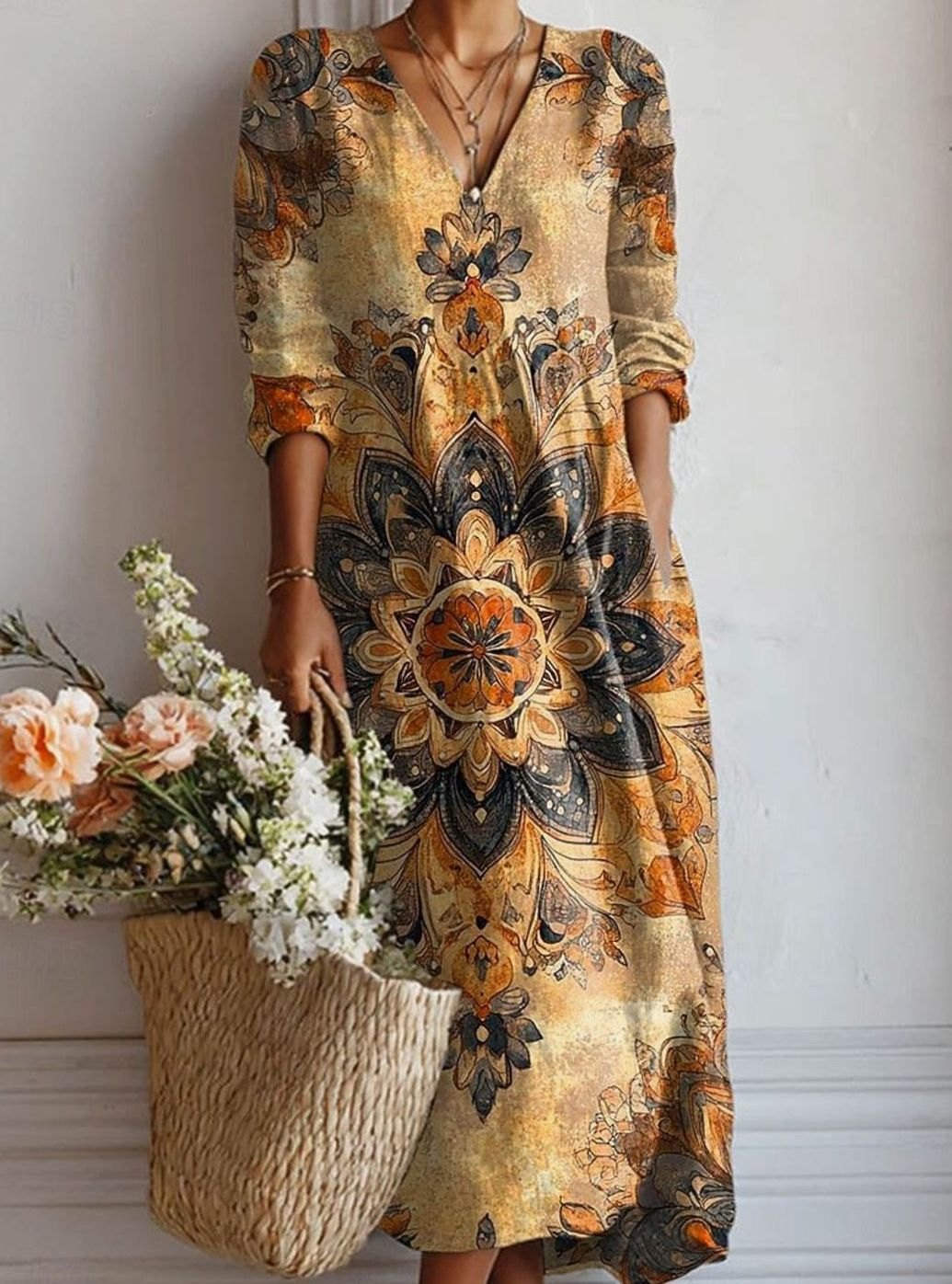 Women's Vintage Mandala Print V-Neck Long-Sleeve Day Dress - Dress