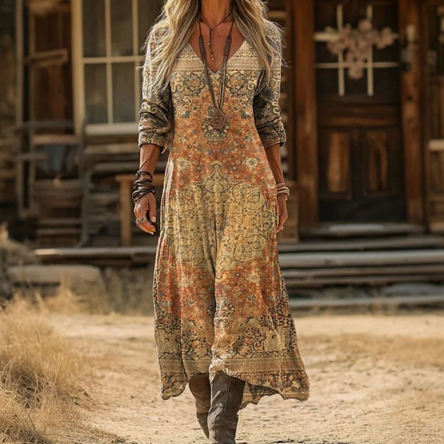 Women's Vintage Print Long Sleeve Flowing Boho Dress - Multicolor