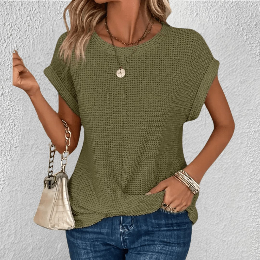 Women's Waffle Knit Top Round Neck Tummy Tucking Short Sleeve - Green