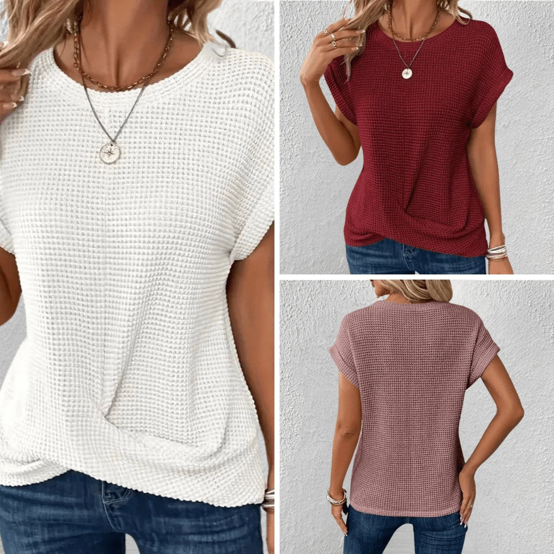 Women's Waffle Knit Top Round Neck Tummy Tucking Short Sleeve