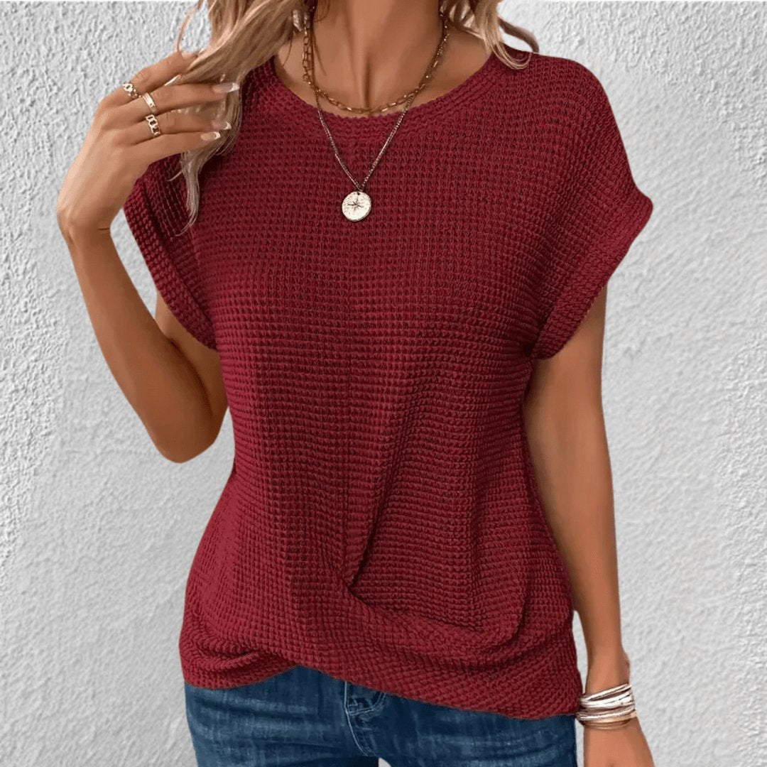 Women's Waffle Knit Top Round Neck Tummy Tucking Short Sleeve - Red