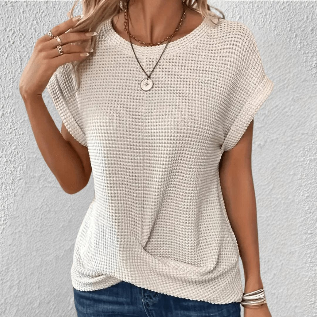 Women's Waffle Knit Top Round Neck Tummy Tucking Short Sleeve - Beige
