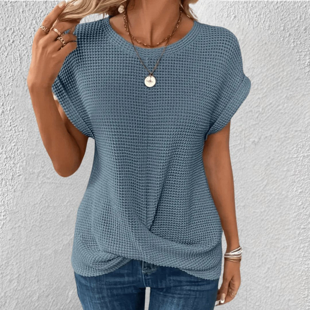 Women's Waffle Knit Top Round Neck Tummy Tucking Short Sleeve - Blue (Almost sold out)