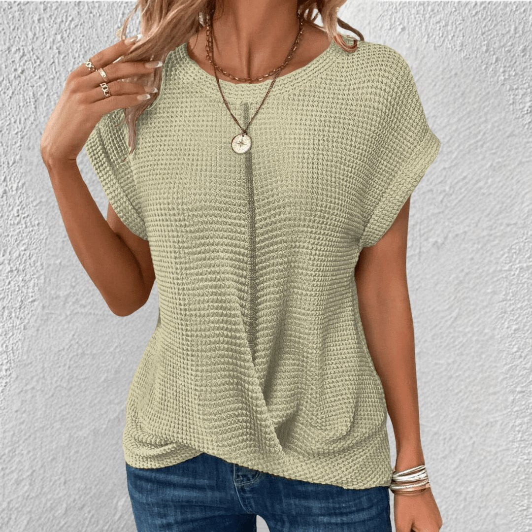 Women's Waffle Knit Top Round Neck Tummy Tucking Short Sleeve - Light green