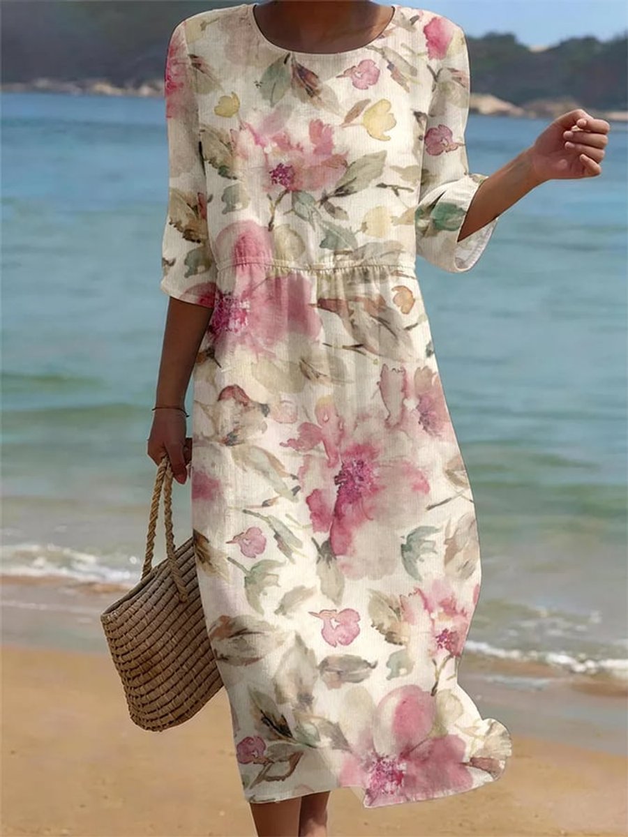 Women's Watercolour Floral Summer Dress Midi Relaxed-Fit