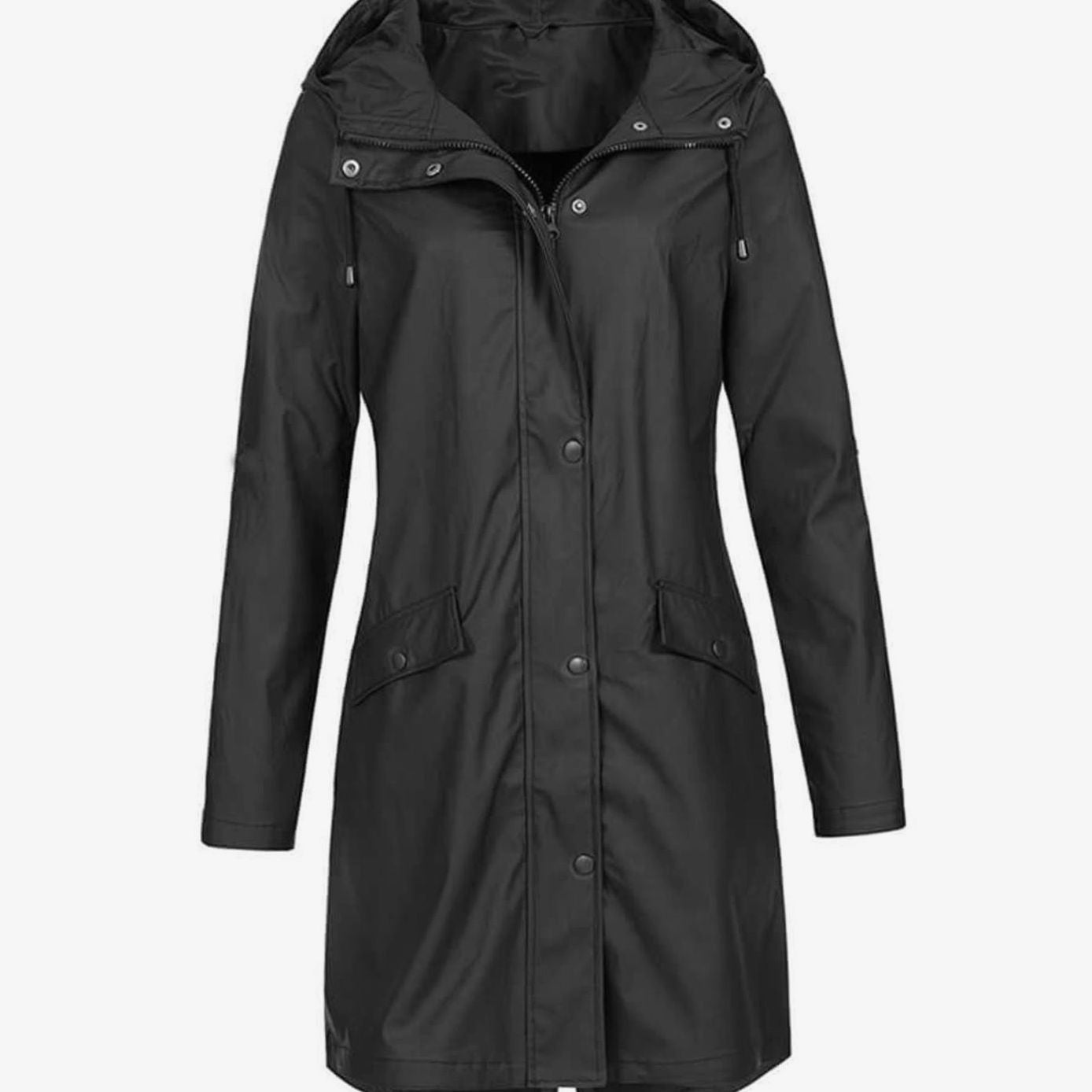 Women's Waterproof Hooded Raincoat Longline Zip-Up Jacket - Black