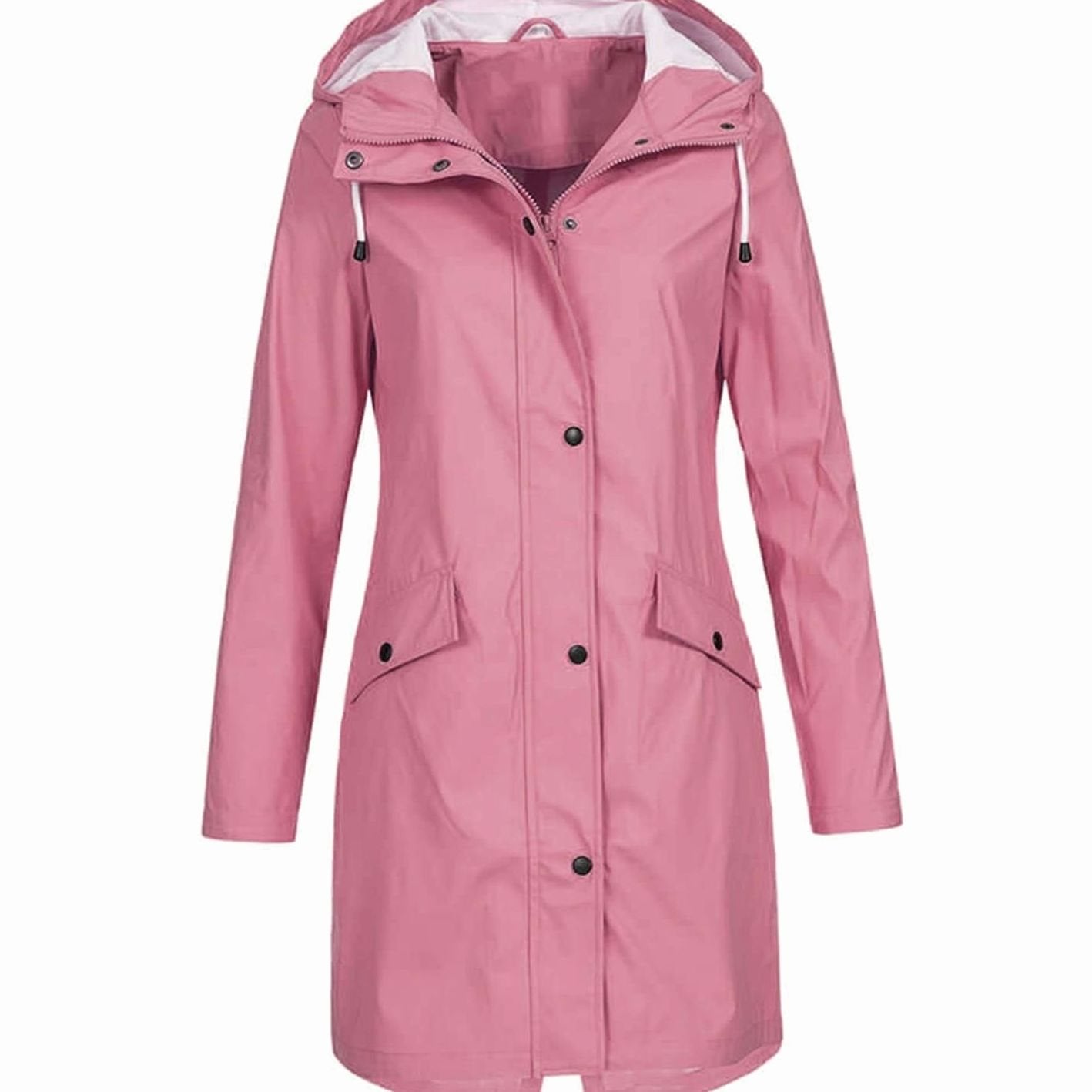 Women's Waterproof Hooded Raincoat Longline Zip-Up Jacket - Pink