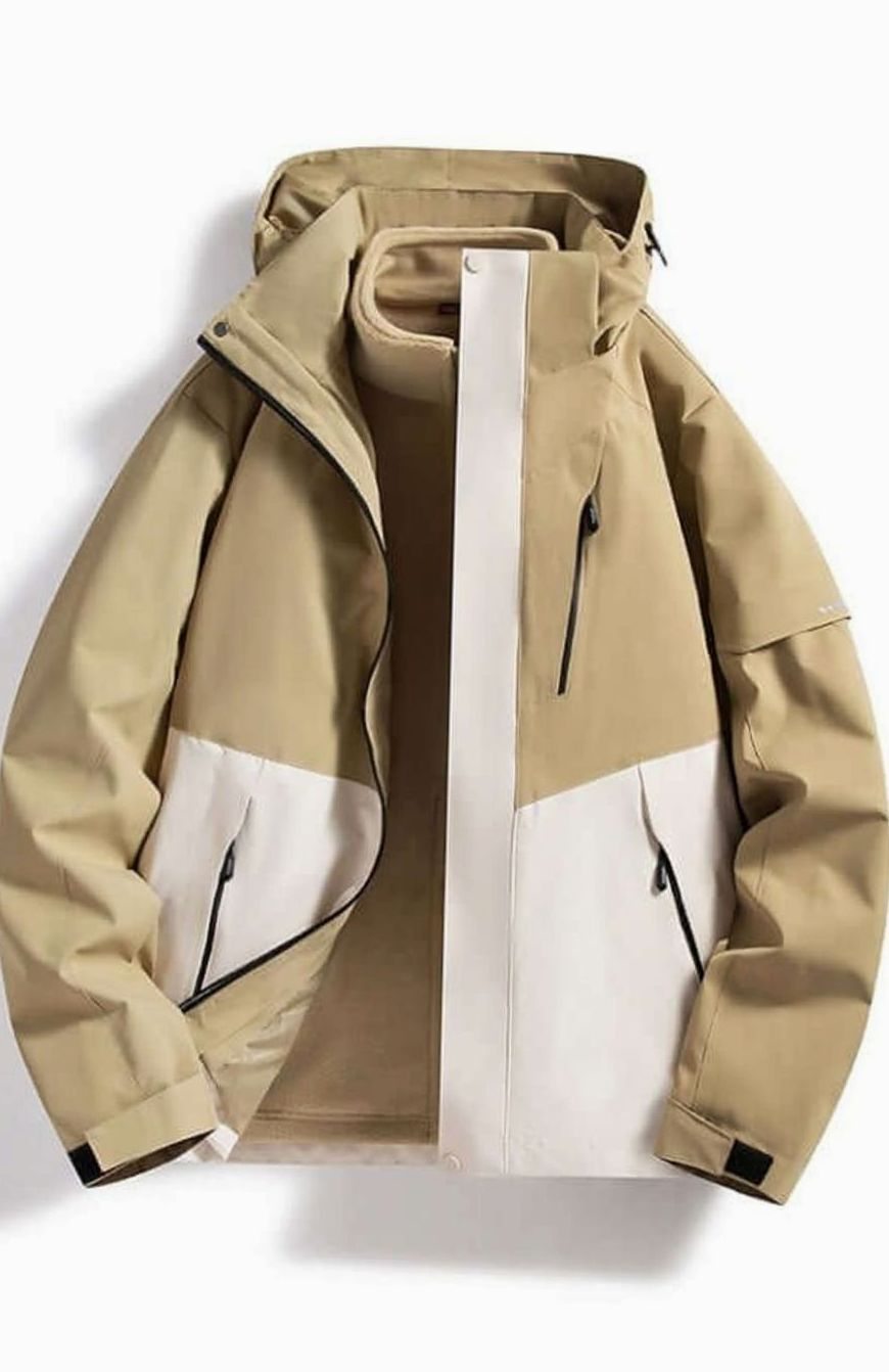 Women's Waterproof Hooded Two-Tone Outdoor Shell Jacket - White Khaki