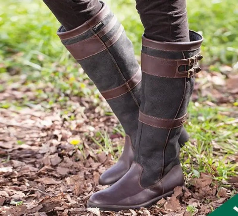 Women's Waterproof Leather Knee High Pull-On Country Boots - Coffee