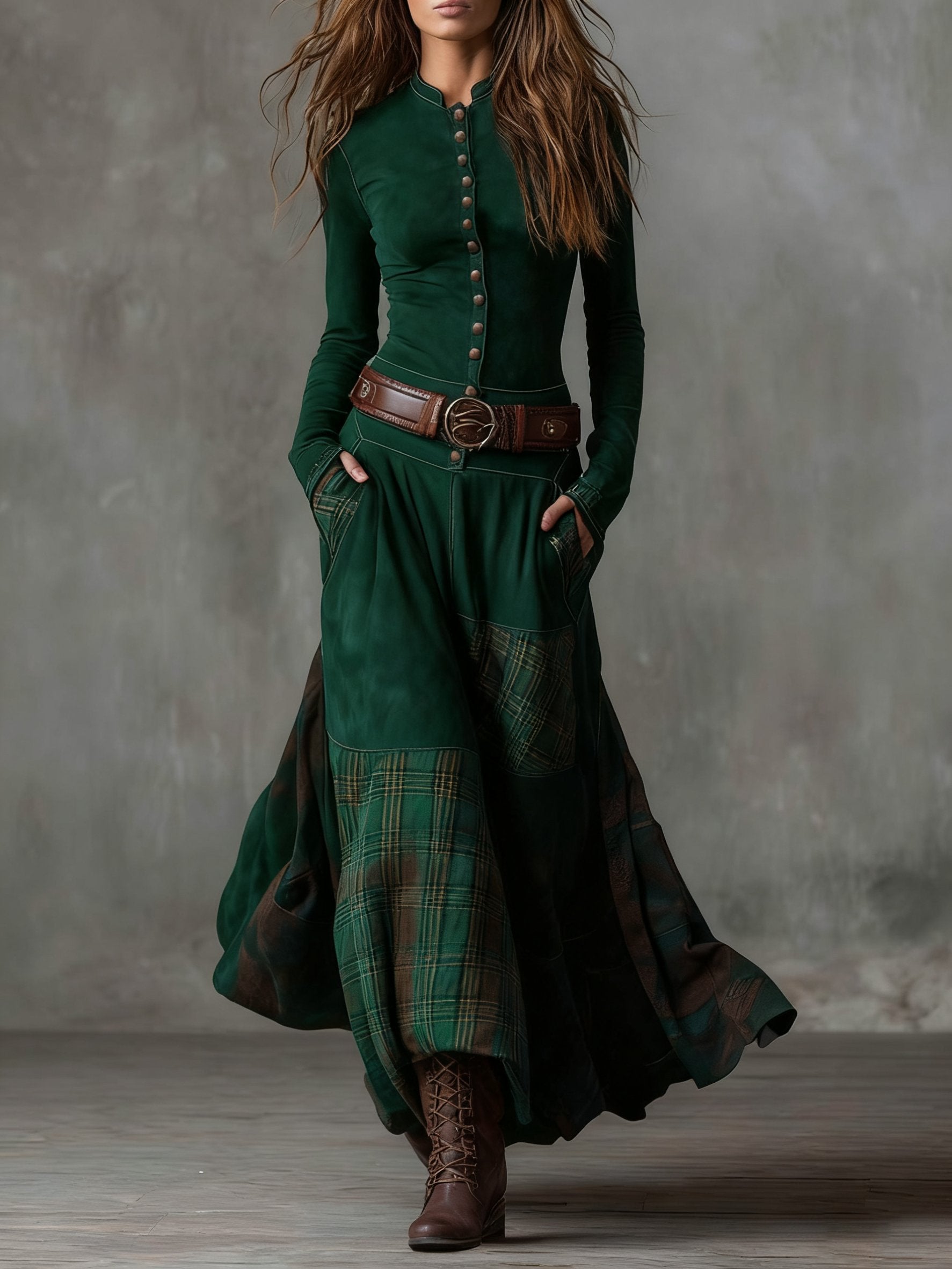 Women's Western-Boho Suede-Effect Plaid-Panel Maxi Dresses - Green
