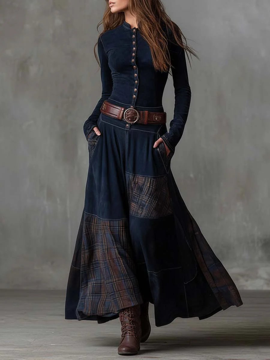 Women's Western-Boho Suede-Effect Plaid-Panel Maxi Dresses