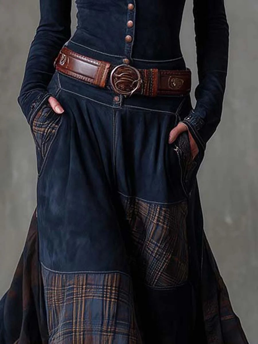 Women's Western-Boho Suede-Effect Plaid-Panel Maxi Dresses