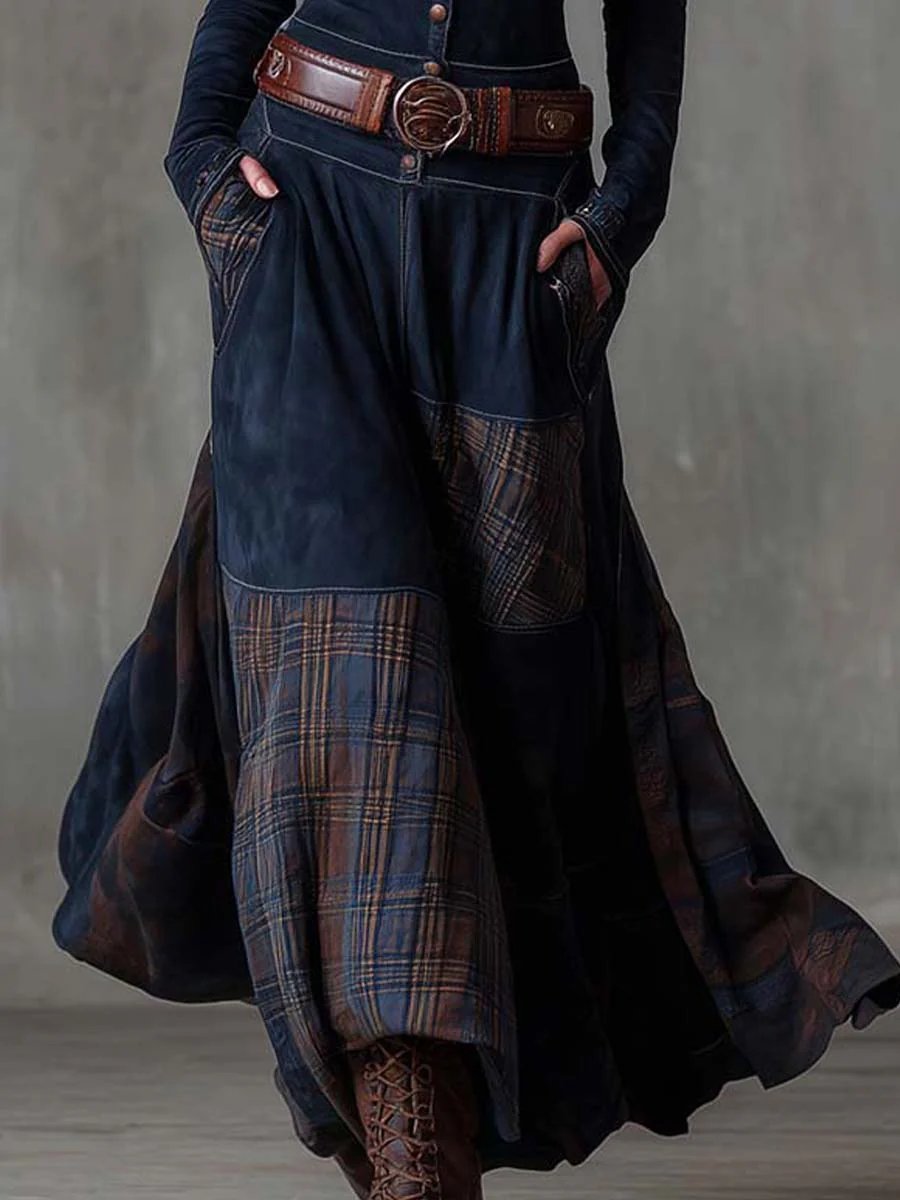 Women's Western-Boho Suede-Effect Plaid-Panel Maxi Dresses