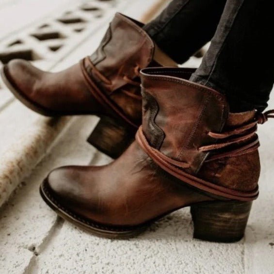 Women's Western Lace-Up Block Heel Ankle Boots - Brown
