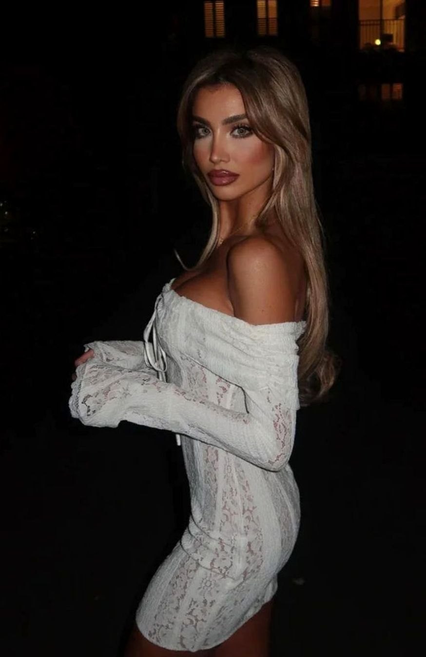Women's White Lace Long Sleeve Off-Shoulder Mini Wedding Guest Dress Off-Shoulders