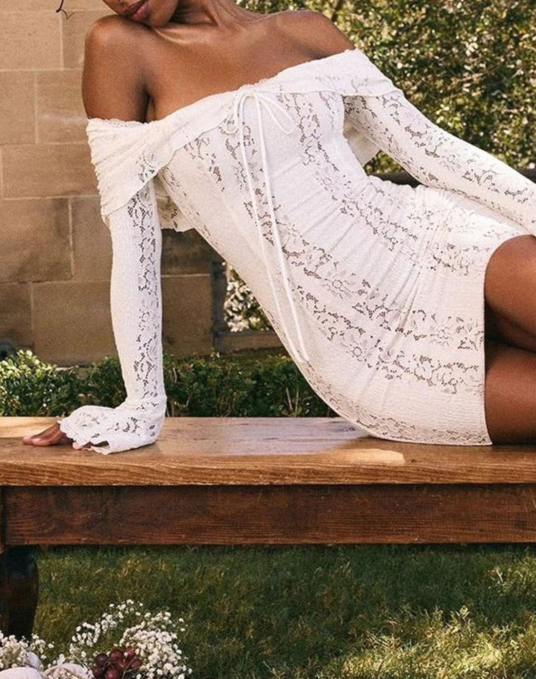 Women's White Lace Long Sleeve Off-Shoulder Mini Wedding Guest Dress Off-Shoulders