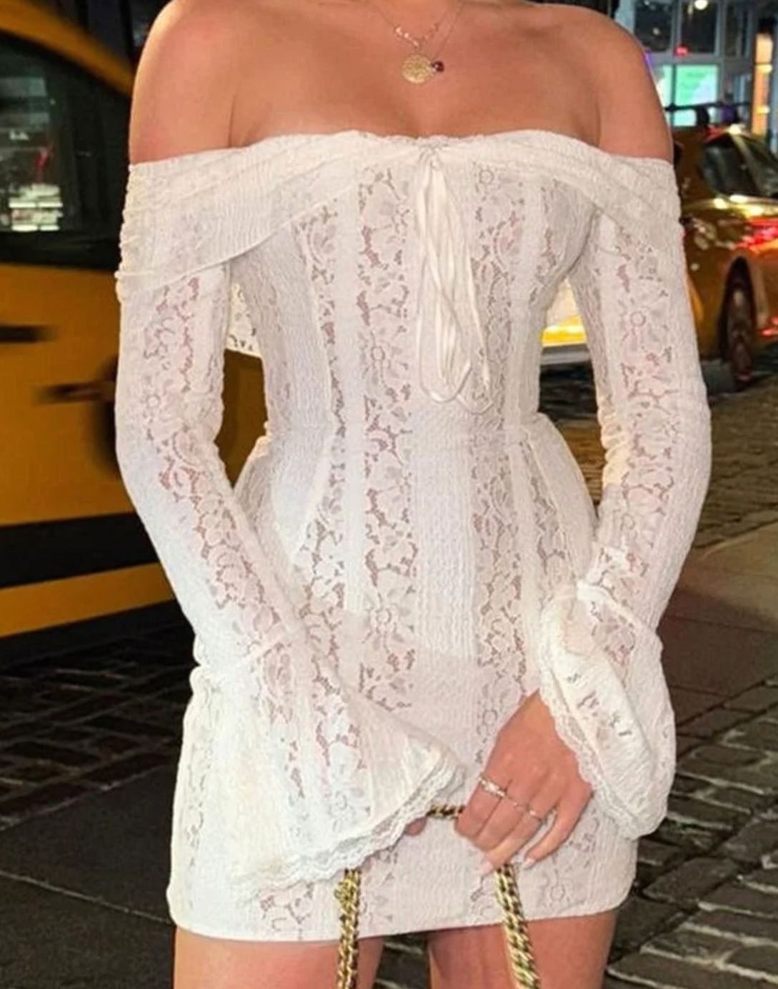 Women's White Lace Long Sleeve Off-Shoulder Mini Wedding Guest Dress Off-Shoulders