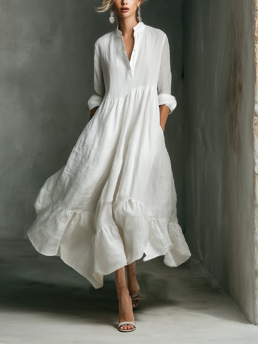 Women's White Linen Tiered Long-Sleeve Maxi Dress