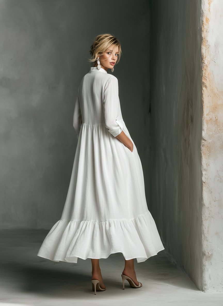Women's White Linen Tiered Long-Sleeve Maxi Dress