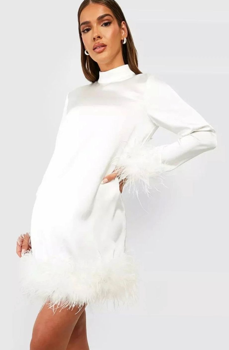 Women's White Long Sleeve Feather-Trim Satin Mini Dress