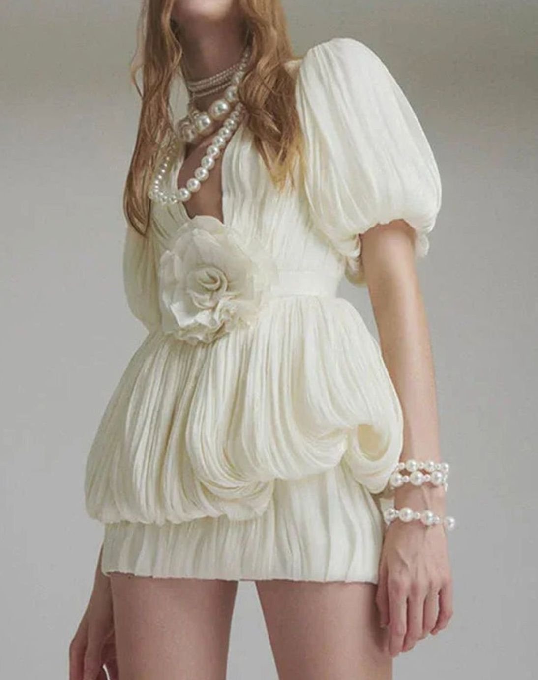 Women's White Pleated Floral Formal Mini Dress, Ivory