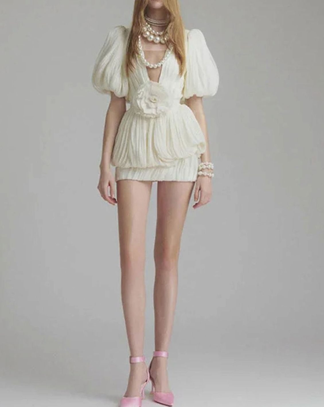 Women's White Pleated Floral Formal Mini Dress, Ivory