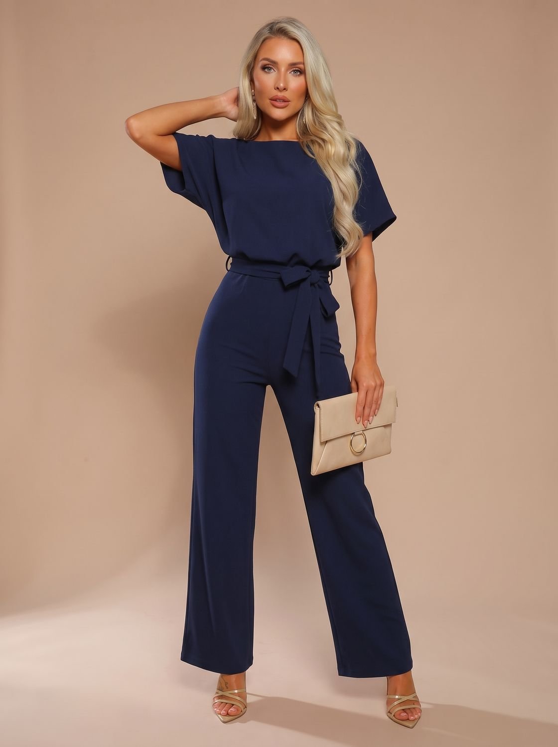 Women's Wide-Leg Belted Short-Sleeve Jumpsuit - Dark Blue