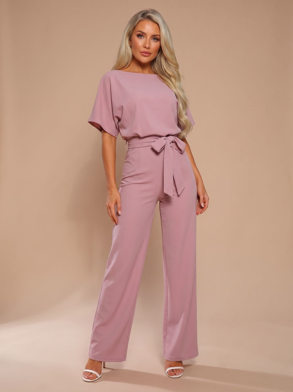 Women's Wide-Leg Belted Short-Sleeve Jumpsuit - Pink