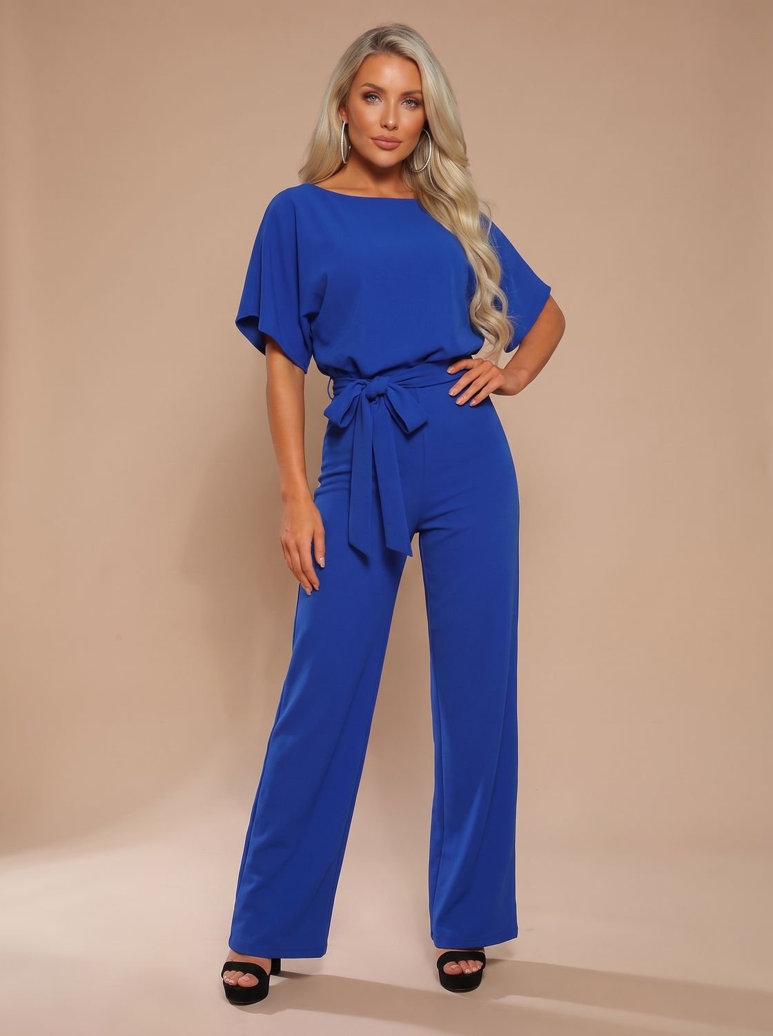 Women's Wide-Leg Belted Short-Sleeve Jumpsuit - Blue