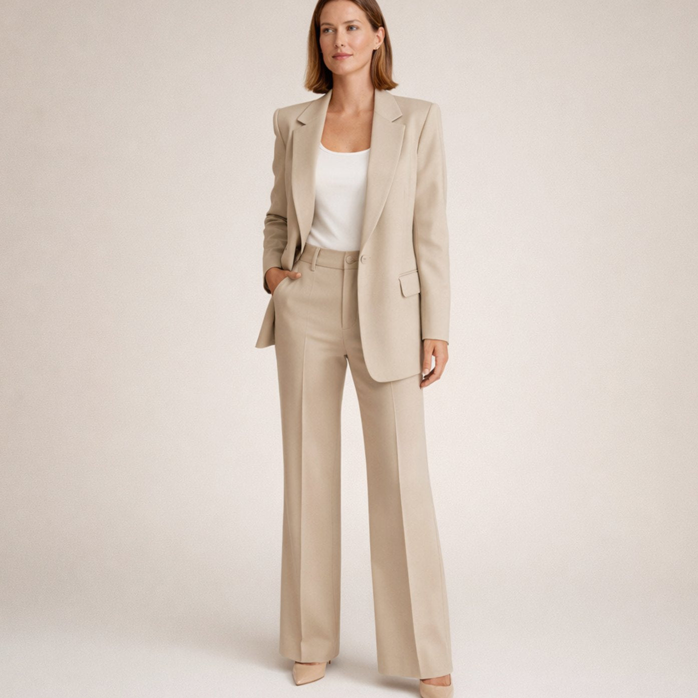 Women's Wide-Leg Blazer Trouser Two-Piece Suit - Beige