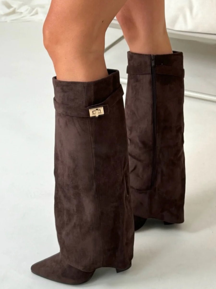 Women's Wide-Leg Folded Leather Heel Boots