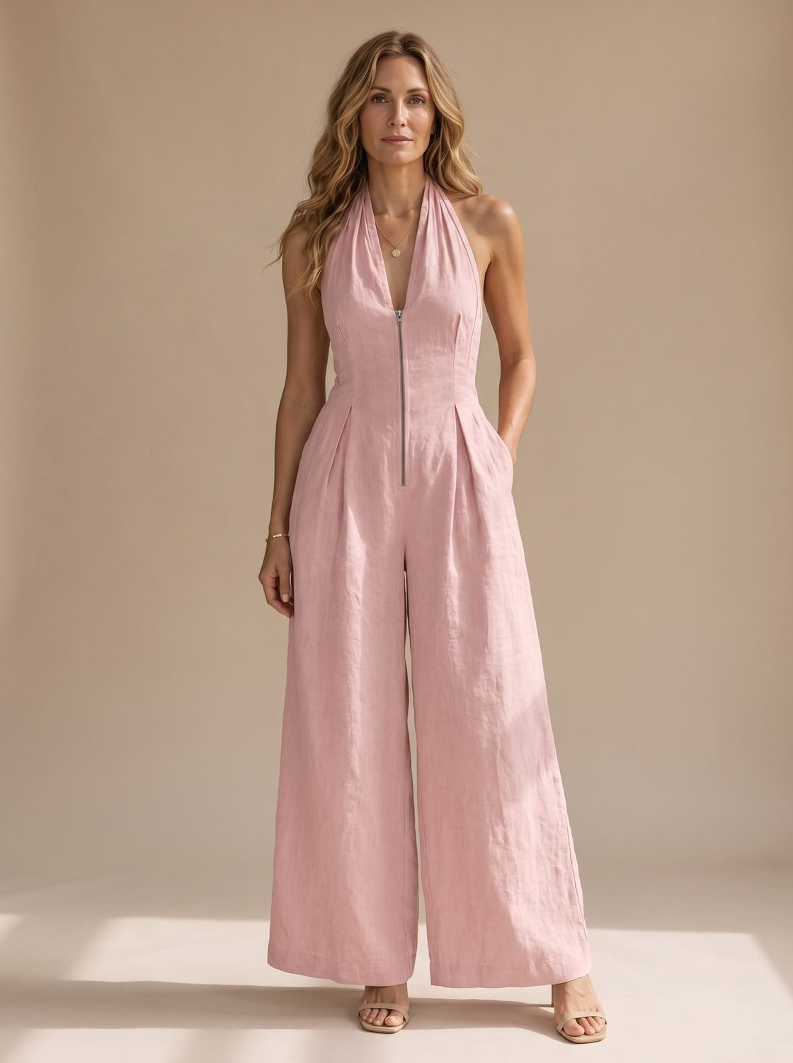 Women's Wide-Leg Halter Jumpsuit Deep V-Neck Front Zip - Light Pink