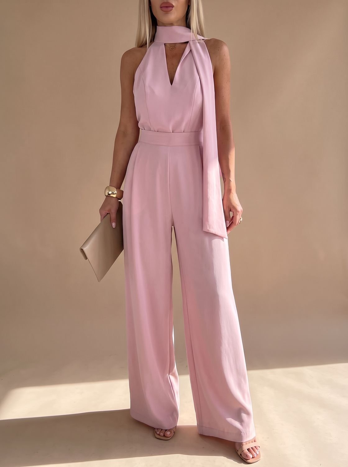 Women's Wide-Leg Halter Neck Tie Pocketed Jumpsuit - Pink