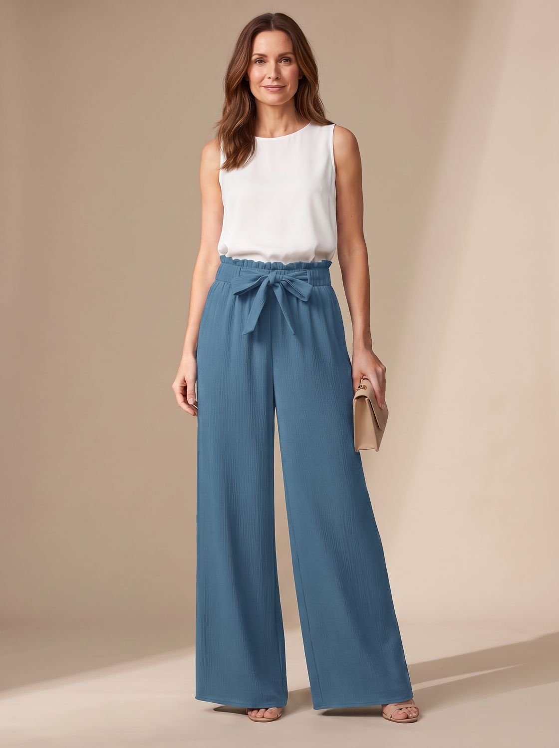 Women's Wide-Leg Palazzo Trousers Tie-Belt Paperbag Waist - Blue