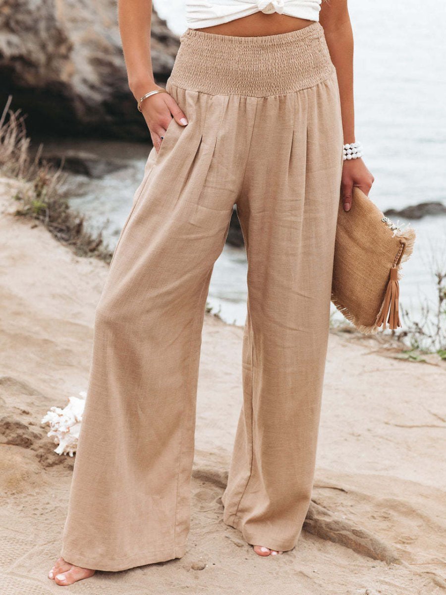 Women's Wide-Leg Smocked-Waist Linen Trousers - Beige