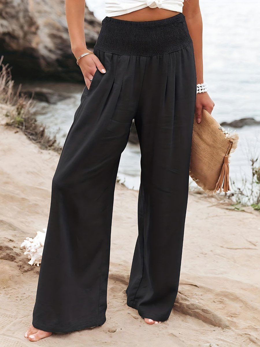 Women's Wide-Leg Smocked-Waist Linen Trousers - Black