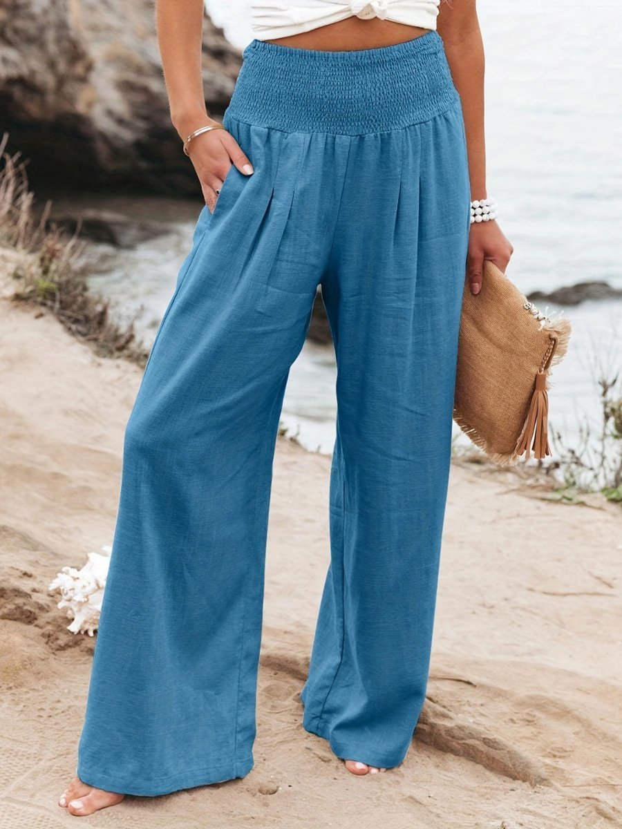 Women's Wide-Leg Smocked-Waist Linen Trousers - Blue