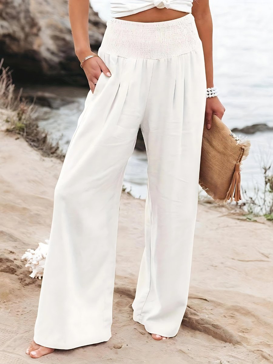 Women's Wide-Leg Smocked-Waist Linen Trousers - White