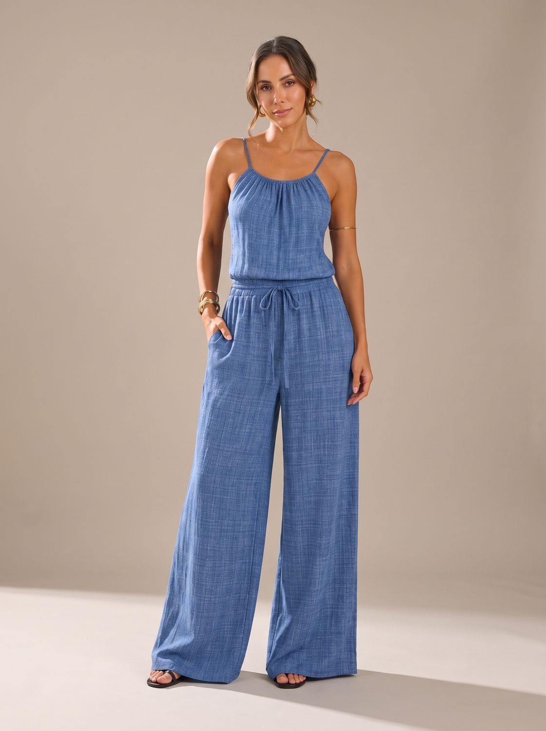 Women's Wide-Leg Spaghetti Strap Drawstring Jumpsuit - Blue