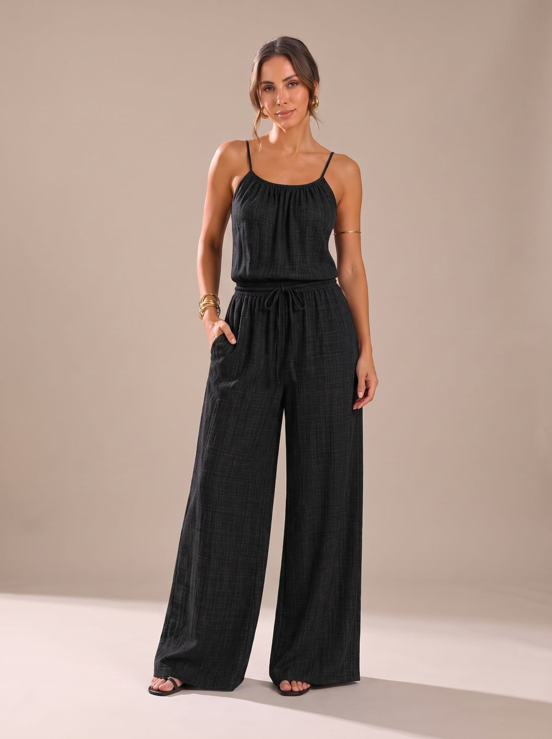 Women's Wide-Leg Spaghetti Strap Drawstring Jumpsuit - Black