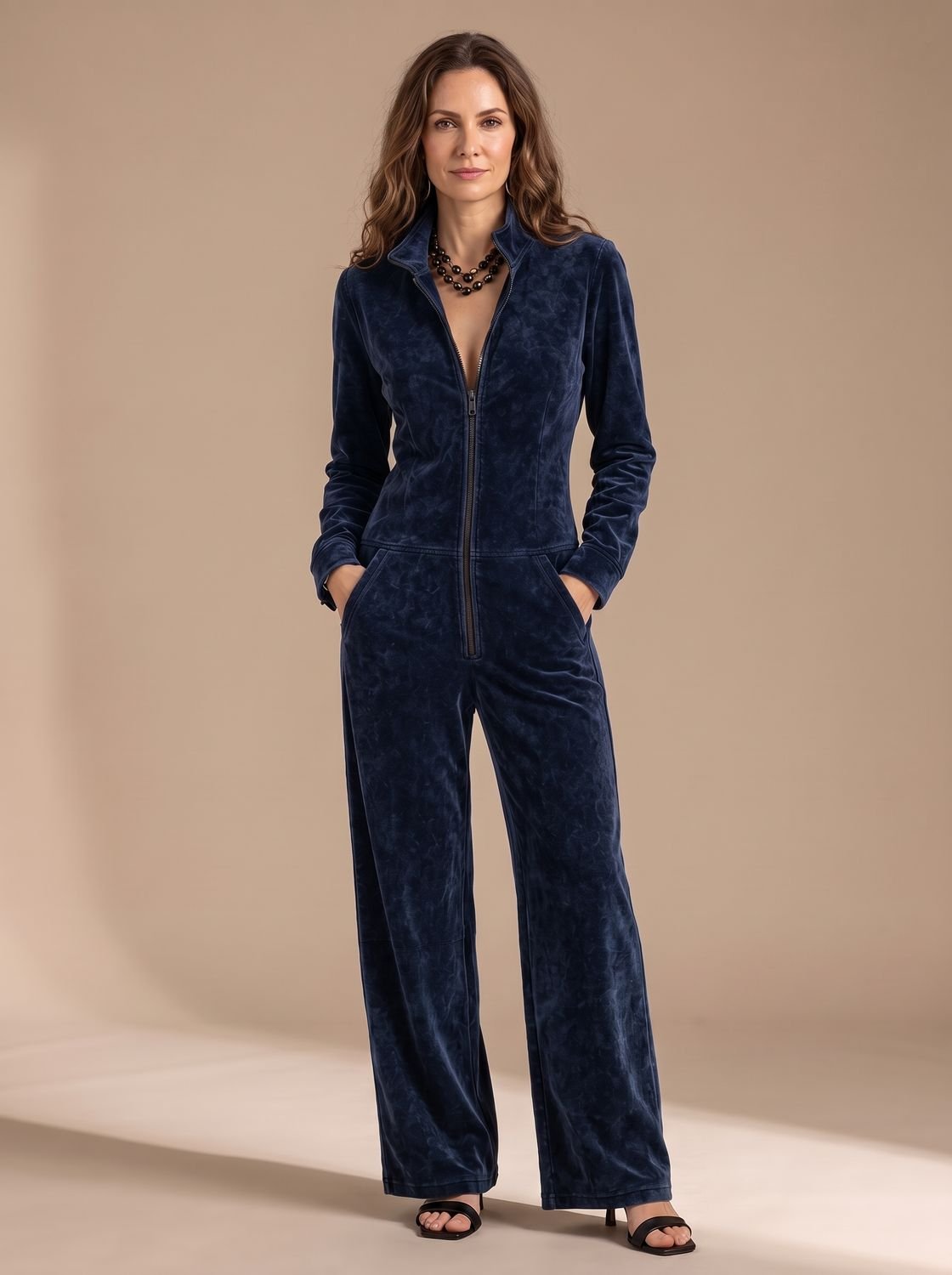 Women's Wide-Leg Velour Zip-Front Long-Sleeve Jumpsuit - Dark Blue