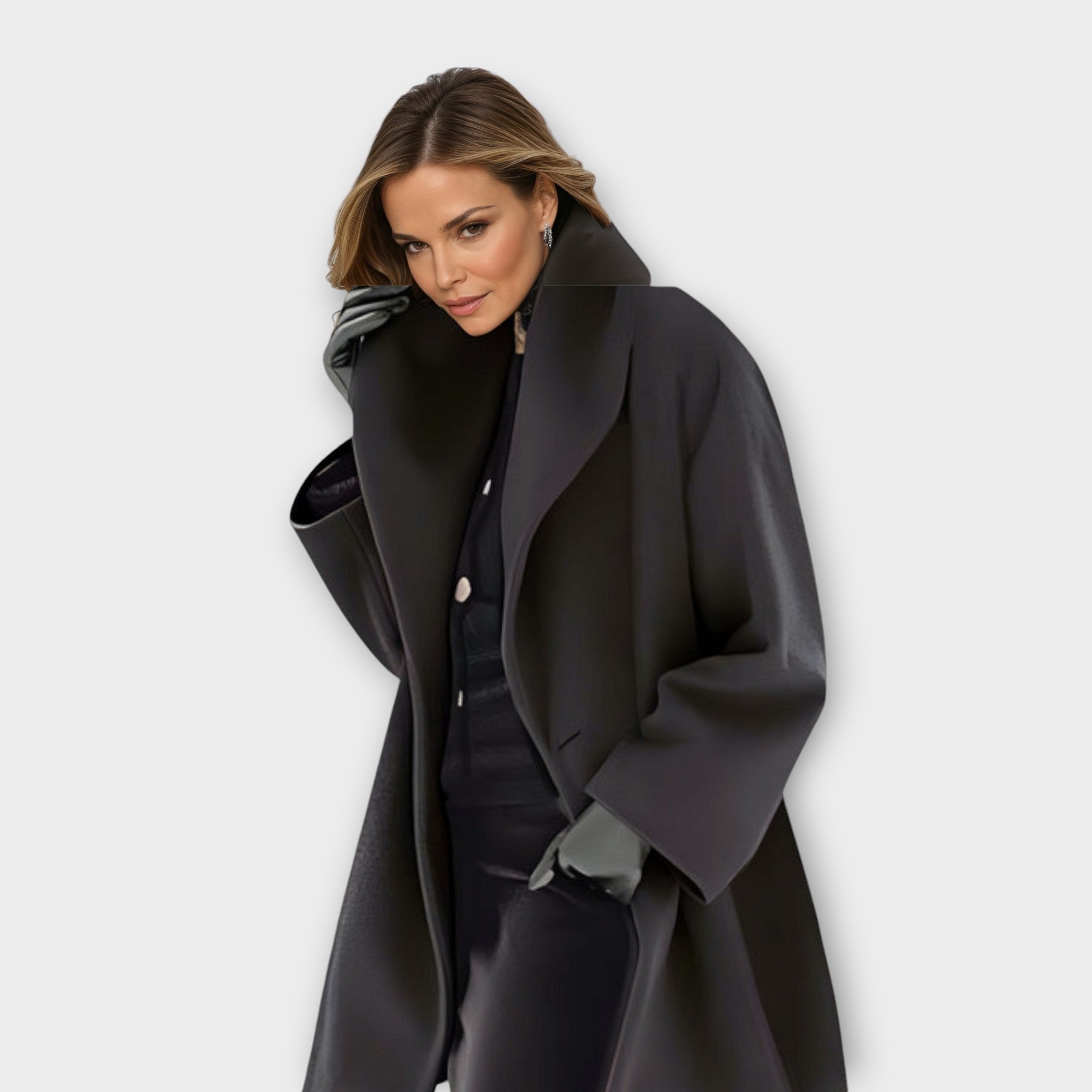 Women's Windproof Coat Long Lapel Winter Outerwear - Black