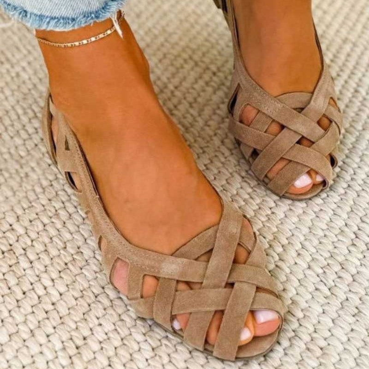 Women's Woven Flat Comfort Sandals Suede Open-Toe Caged Ballet