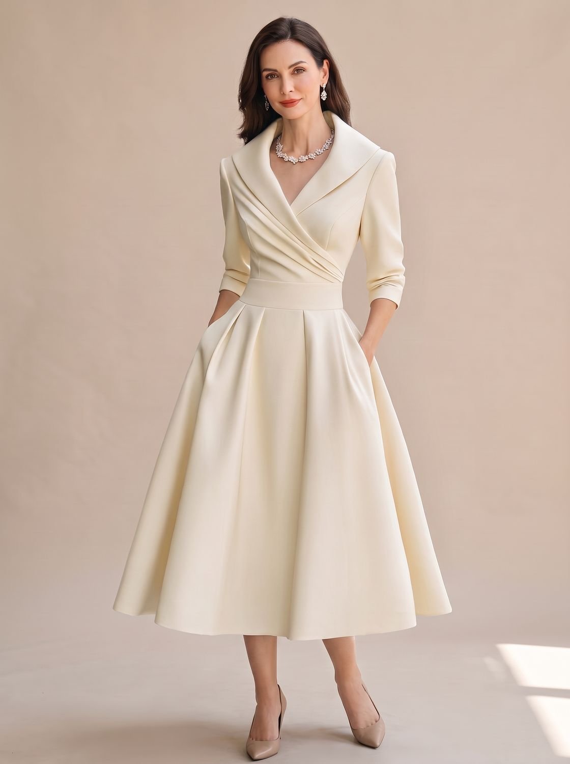 Women's Wrap-Bodice Flared Midi Dress 3/4 Sleeve Side Pockets - Beige