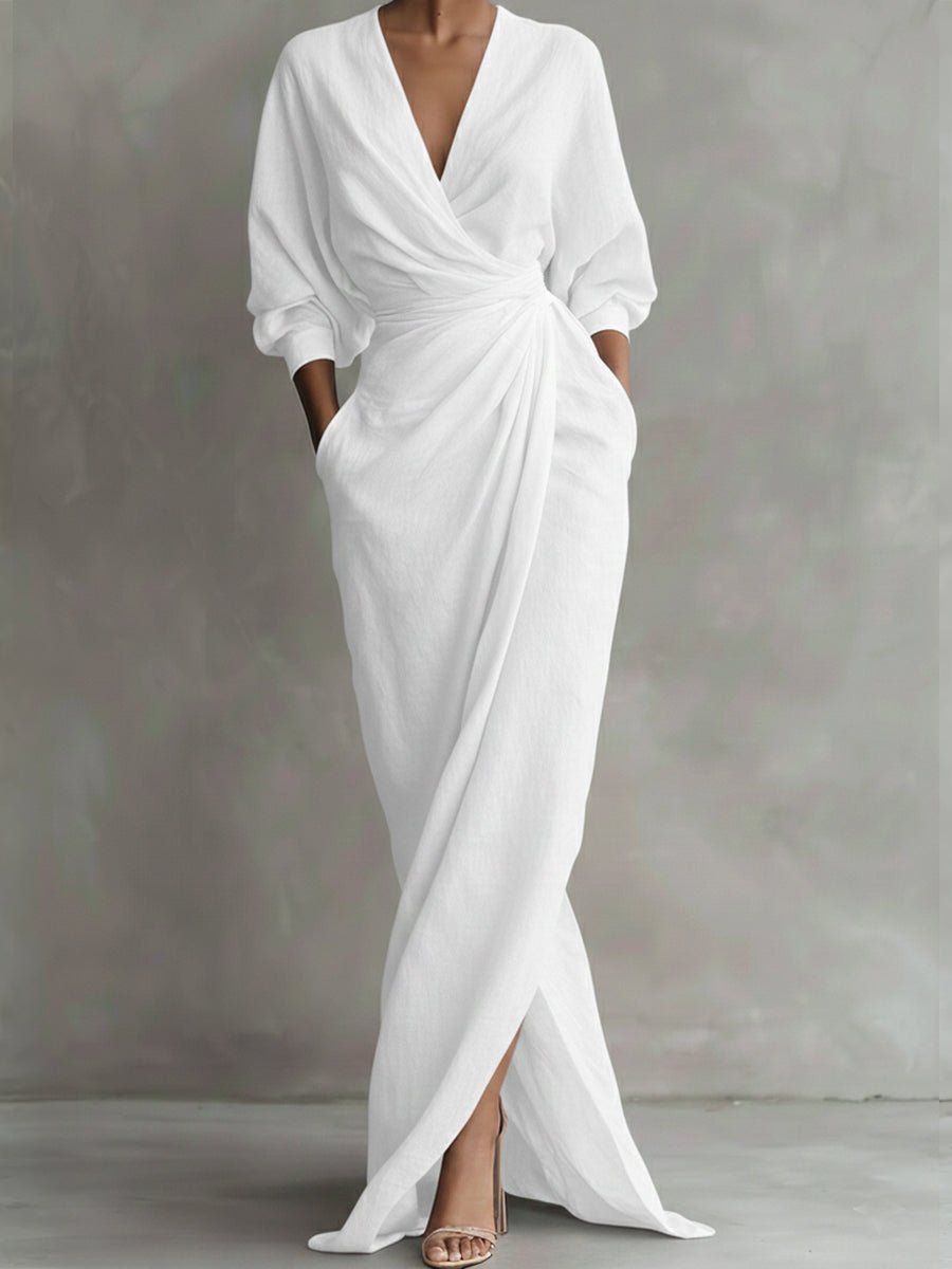 Women's Wrap Maxi V Neck Dress Ruched 3/4 Sleeve - White