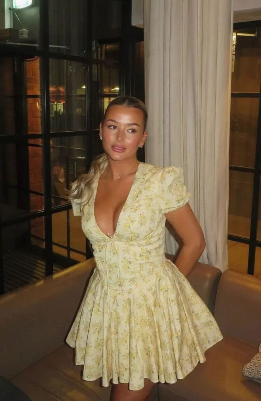 Women's Yellow Floral Print Puff-Sleeve Tie-Back Mini Dress