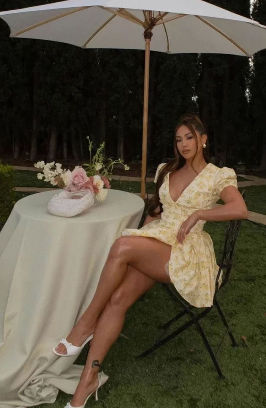 Women's Yellow Floral Print Puff-Sleeve Tie-Back Mini Dress