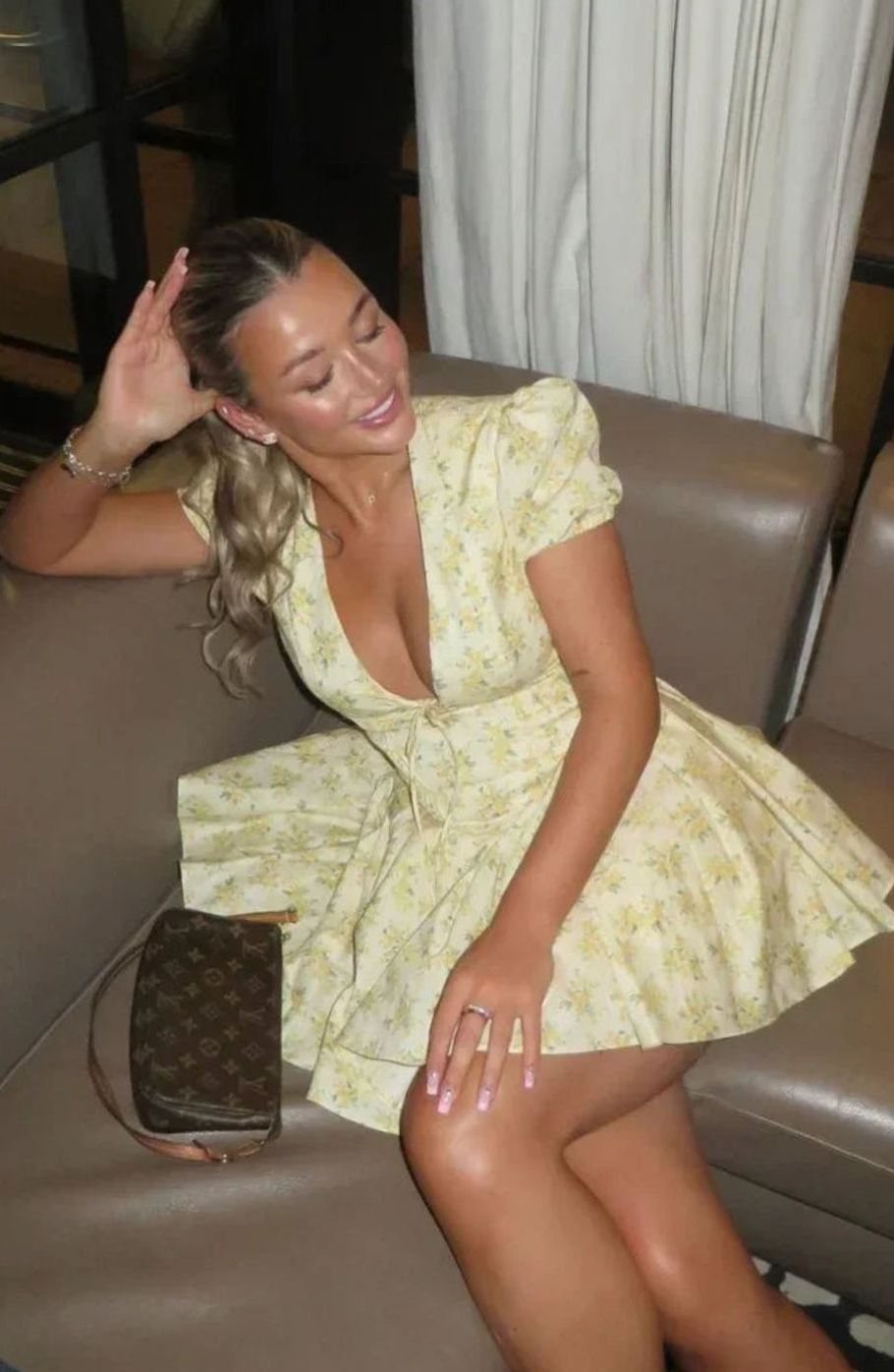 Women's Yellow Floral Print Puff-Sleeve Tie-Back Mini Dress
